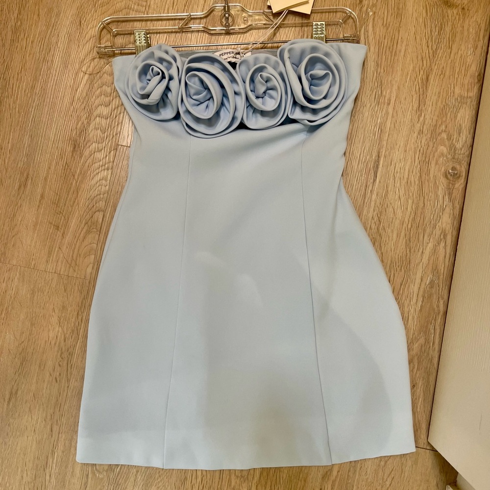Peppermayo Light Blue Strapless Dress with Rosette Accents
